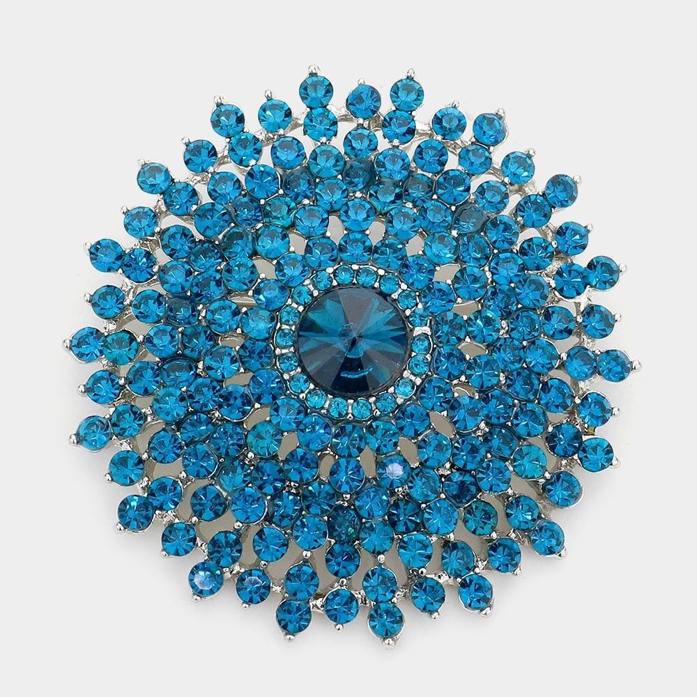 2pc Pieces Large Crystal Sunburst Brooch Set Blue Silver & Peach Gold Flower Pin